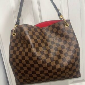 Louis Vuitton Brown Checkered Shoulder Bag with Red Interior